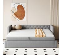 Lit capitonné, canapé-lit extensible, 90*200 cm, design classique capitonné sur toute la longueur, avec sommier à lattes, lit multifonctionnel/lit d'appoint, tissu velours doux pour la peau, gris cla