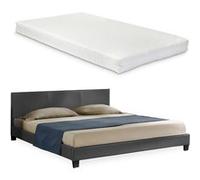 Lit capitonné de Corium avec matelas (180x200cm)(gris foncé)(mousse froide) - avec cuir synthétique / housse en cuir synthétique / avec sommier à lattes /