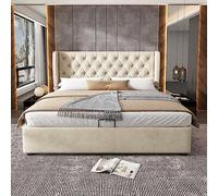 Lit capitonné, en forme d'oreilles, en velours, avec de grandes coutures boutonnées, lit double 160 x 200 cm, lit fonctionnel hydraulique avec sommier à lattes et espace de rangement, coffre de lit r