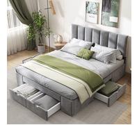 Lit capitonné en velours 140 x 200 cm lit double rangement lit adulte avec sommier à lattes, dossier et 4 tiroirs - gris