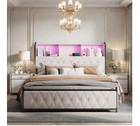 Lit capitonné en velours, lit adulte, lit double, lit queen 160x200 cm, lit coffre beige, tête de lit avec LED et 4 tiroirs,