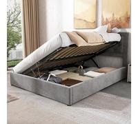 Lit capitonné, hydraulique, 140 x 200 cm, avec coffre de lit amovible, style Chesterfield, tête de lit remplie de mousse, lit double en acier, velours, gris