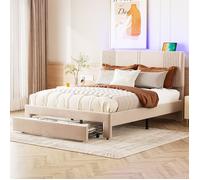 Lit capitonné lit double 140 x 200 cm avec éclairage et prise USB, dossier et tiroir adapté aux adultes et adolescents - beige