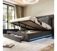 Lit capitonné lumineux LED, 140*190, lit hydraulique, tiroirs de rangement 2 en 1 en bout de lit, bandes lumineuses LED encastrées des deux côtés du lit, sommier à lattes, sans matelas, velours, gris