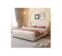 Lit capitonné - MUVOE - 160x200 cm - Lin beige - Sommier à lattes - Pieds en bois rond