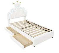Lit capitonné simple 90 x 200 cm, lit princesse en forme de couronne, lumière d'ambiance télécommandée, lit avec 2 tiroirs, tête de lit réglable, PU, blanc