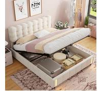 Lit capitonnée 140x190 cm avec Lumières LED, Lit coffre 140x190 avec rangement hydrauliques et tête de lit, Velours, Beige