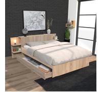 WEBER INDUSTRIES Lit City 140x190 + tête de lit Chevet + 1 tiroir/Décor Chêne Blanchi