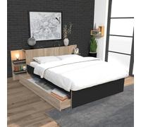 WEBER INDUSTRIES Lit City 140x190 + tête de lit Chevet+ 1 tiroir/Décor Noir & chêne Blanchi