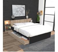 WEBER INDUSTRIES Lit City 140x190 + tête de lit Chevet+ 1 tiroir/Décor Noir & chêne Blanchi