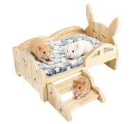 Lit Cochon D'inde, 34 x 22 x 7 cm Lit en Bois pour Petits Animaux avec Matelas Amovible et Escalier de 15,5 cm de Large pour Lapins Hamsters Cochons D'Inde Furets Hérissons Mon Voisin Totoro