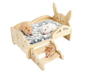 Lit Cochon D'inde, 34 x 22 x 7 cm Lit en Bois pour Petits Animaux avec Matelas Amovible et Escalier de 15,5 cm de Large pour Lapins Hamsters Cochons D'Inde Furets Hérissons Mon Voisin Totoro