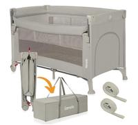 LIONELO ELLEN 3 en 1 Lit de Voyage de 0 à 3 ans, Cododo Pour Nouveau-nés et Enfants Plus Âgés jusqu'à 15 kg, 2 Hauteurs de Matelas, Sangles d'attache, Verrouillage Latéral, 2 Roues, Sac (Beige)