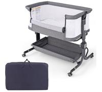 Lit Cododo Bébé Matelas 2,5cm COSTWAY-Dès Naissance-9kg-6 Hauteurs-4 Roulettes-Portable Pliable-Étagère de Rangement-Gris Foncé