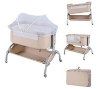 Lit Cododo Bébé Matelas Evolutif COSTWAY-Moustiquaire-Verrou Bidirectionnel 4 Roues-Panier de Rangement-7 Hauteurs-6 Mois 9kg Beige