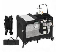 Lit cododo bebe pliant avec matelas,4 en 1 Lit parapluie bebe avec Berceau,Jouets suspendu,Table à Langer,rangement latéral,porte-gobelet,Lit evolutif bebe avec sac de transport Pour 0-24 Mois(Noir)