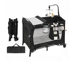 Lit cododo bebe pliant avec matelas,4 en 1 Lit parapluie bebe avec Berceau,Jouets suspendu,Table à Langer,rangement latéral,porte-gobelet,Lit evolutif bebe avec sac de transport Pour 0-24 Mois(Noir)