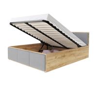 Lit coffre 120 x 200 cm avec sommier à lattes relevable et rangement intégré - Chêne - Gris clair - Modèle PARIS