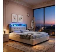 Lit Coffre 140×190 avec LED et Ports USB, Lit Coffre à Vérin Hydraulique avec Rangement Tête de Lit, Lit Double Anti-Grincement pour Chambre Moderne, pour Adualtes Adolescents (Blanc, 140 * 200)