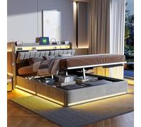 Lit Coffre 140×190 avec LED, Tête de Lit Capitonné avec Étagères Ouvertes et Rangement Caché, Lit Double Rembourré avec Rangement Hydraulique, Sommier à Lattes, Velours(sans Matelas) (140 x 190 Gris)