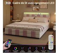Lit coffre 140×190, Lit double avec éclairage LED et ports USB, Lit rembourré avec 4 tiroirs, féerique de rose et de blanc, Velours
