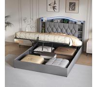 Lit Coffre 140 x 190 cm avec LED et Port USB, Lit Double Rembourré avec Sommier à Lattes, Lit Hydraulique 140x190 avec Étagères Ouvertes et Rangement Lit 2 personnes pour Adultes (Gris-6, 140x190)