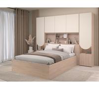 Lit coffre 140 x 190 cm avec pont de lit - Avec LEDs - Beige et naturel - VELONA