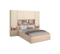 Lit coffre 140 x 190 cm avec pont de lit - Avec LEDs - Beige et naturel - VELONA