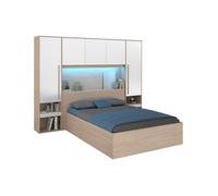 Lit coffre 140 x 190 cm avec pont de lit - Avec LEDs - Blanc brillant et naturel - VELONA