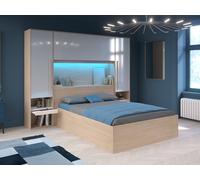 Lit coffre 140 x 190 cm avec pont de lit - Avec LEDs - Blanc brillant et naturel - VELONA