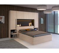 Lit coffre 140 x 190 cm avec pont de lit - Avec LEDs - Coloris : Naturel et noir - VELONA