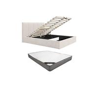 Lit coffre 140 x 190 cm avec tête de lit coutures verticales - Tissu - Beige - Avec matelas Essentiel - KILACLO