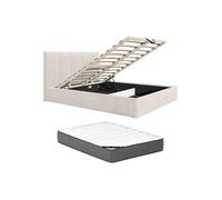 Vente-unique - Lit Coffre 140 x 190 cm avec tête de lit Coutures Verticales - Tissu - Beige - avec Matelas Premium - KILACLO
