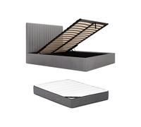 Lit coffre 140 x 190 cm avec tête de lit coutures verticales - Velours côtelé - Gris + Matelas - SARAH