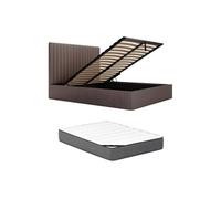 Lit coffre 140 x 190 cm avec tête de lit coutures verticales - Velours côtelé - Taupe + Matelas - SARAH