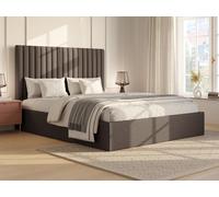 Lit coffre 140 x 190 cm avec tête de lit coutures verticales - Velours côtelé - Taupe + Matelas - SARAH