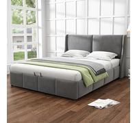 Lit Coffre 140 x 190 cm,lit 2 Personnes 140 x 190,Cadre de lit Double avec sommier à Lattes,Forme d'oreille,tête de lit avec Oreiller,Fonctionnel hydraulique,Gris