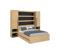 Lit coffre 140 x 190 cm LUDARO avec pont de lit VARLY - Coloris : Naturel et noir