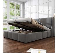 Lit coffre - 140 x 190 cm - Sommier relevable - Tissu velours gris - Tête de lit haute