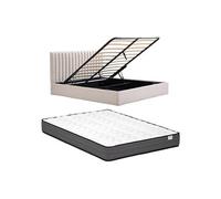 Lit coffre 140 x 190 cm - Tissu - Beige + Matelas - SARANELI