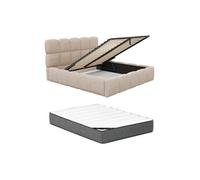 Lit coffre 140 x 190 cm - Tissu bouclette - Beige + Matelas - DAMADO de