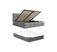 PASCAL MORABITO - lit 140 x 190 avec sommier - Lit Coffre 140 x 190 cm - Tissu Effet Cuir - Gris + Matelas - DAMADO de