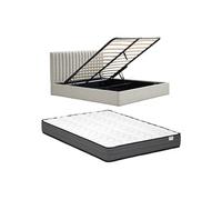 Lit coffre 140 x 190 cm - Tissu - Gris clair + Matelas - SARANELI