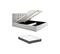 Lit coffre 140 x 190 cm - Tissu - Gris + Matelas - ELIAVA de