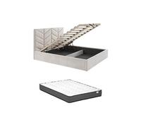 Lit coffre 140 x 190 cm - Tissu texturé - Crème + Matelas - JUSTANI
