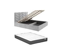 Lit coffre 140 x 190 cm - Tissu texturé - Gris + Matelas - JUSTANI