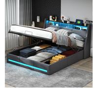 lit coffre 140 x 200 avec sommier,lit avec sommier,lit double 140x190,Lumières LED réglablesm,Chargement USB,Lin, Gris foncé