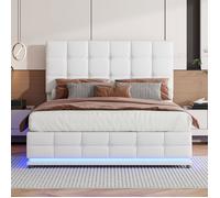 Lit Coffre 140 x 200 avec Sommier, Lit Double Capitonné avec LED Lit Rembourré Lit de Rangement Lit Adulte,Cuir,Blanc