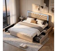 Lit Coffre 140 x 200 cm avec 4 tirors, Lit Double avec éclairage LED, tête réglable, avec Cadre de lit à Lattes et Tête,Lin Beige,Matelas Non Inclus