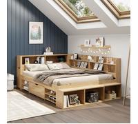 Lit coffre, 140 x 200 cm, avec table de chevet cachée, tiroir, armoire de rangement, lit en bois massif, lit simple multifonctionnel